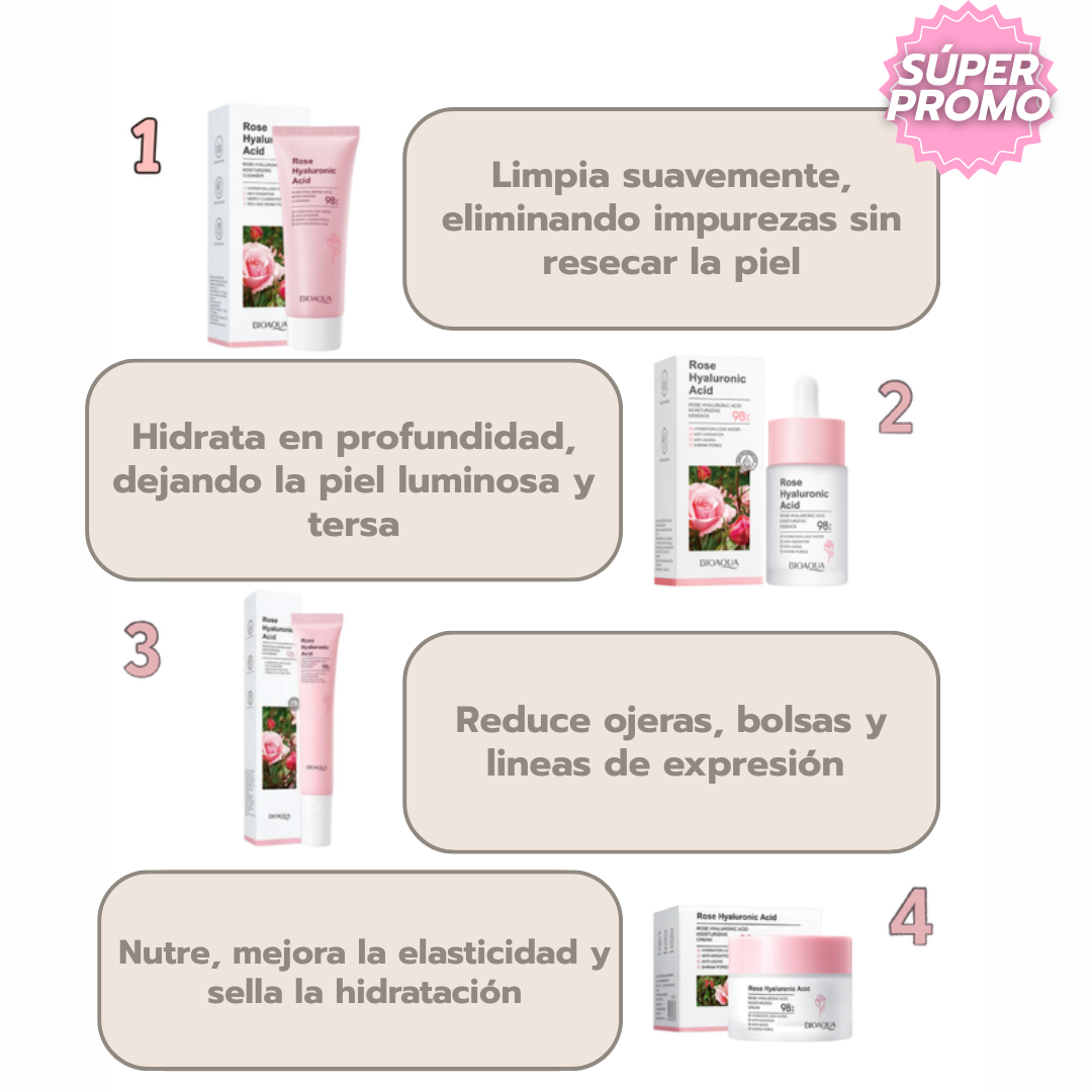 Combo ácido hialurónico y rosas™: Hidrata, rejuvenece y aporta luminosidad profunda a la piel.