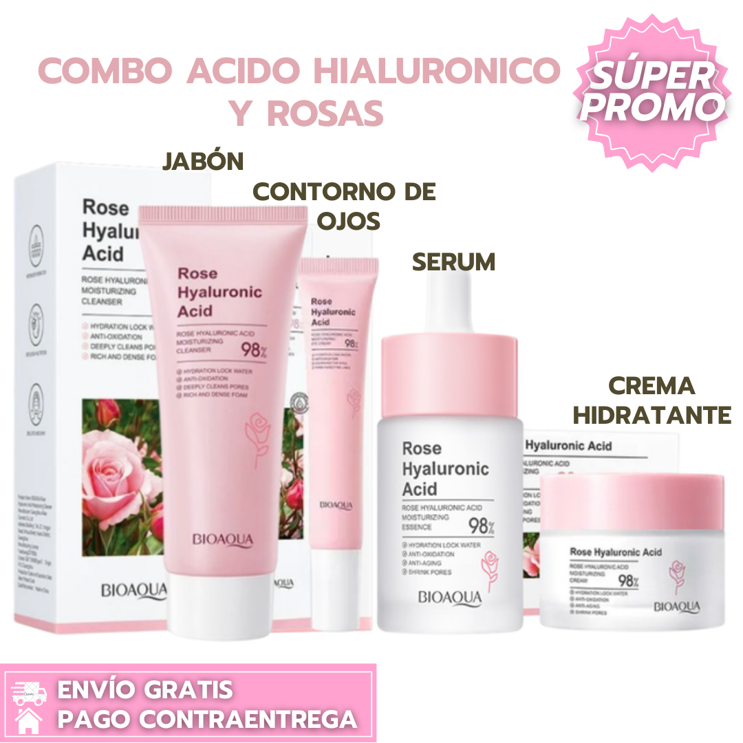 Combo ácido hialurónico y rosas™: Hidrata, rejuvenece y aporta luminosidad profunda a la piel.