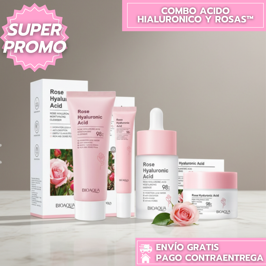 Combo ácido hialurónico y rosas™: Hidrata, rejuvenece y aporta luminosidad profunda a la piel.